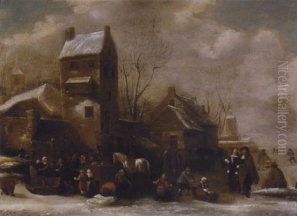 A Winter Landscape With Numerous Figures Gathered Outside An Inn Oil Painting by Nicolaes Molenaer