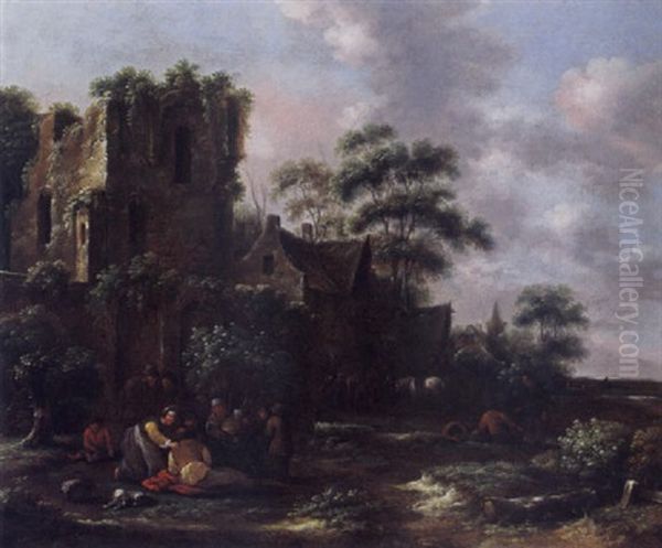 A Village Scene With Peasants And Their Children Near A Ruined Tower, A Tavern With Horsemen And Other Figures In The Background Oil Painting by Nicolaes Molenaer