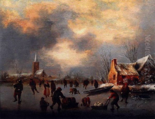 Scene De Patineurs Sur Un Lac Gele Oil Painting by Nicolaes Molenaer