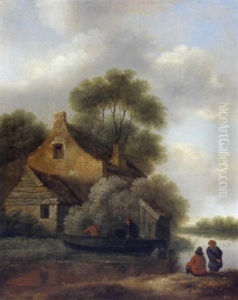 Bauernhaus An Einem Fluss Mit Einem Boot Und Bauern Oil Painting by Nicolaes Molenaer