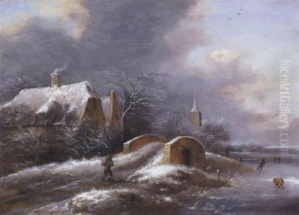 Ein Dorf Im Winter Mit Einem Reisenden Und Schlittschuhlaufern Oil Painting by Nicolaes Molenaer