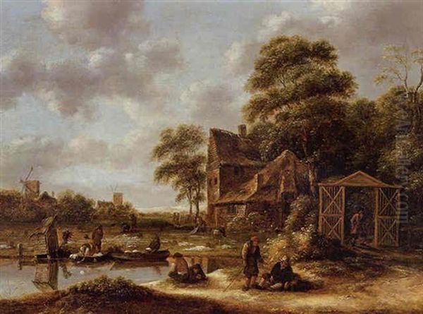 Figures In A Landscape With A Bleaching Field Oil Painting by Nicolaes Molenaer