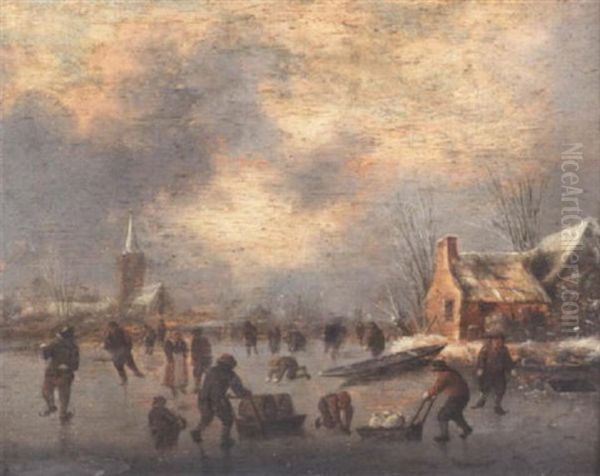 A Winter Landscape With Skaters On A Frozen River Oil Painting by Nicolaes Molenaer