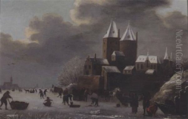 A Winter Landscape With Peasants Skating On A Frozen River Before A Castle Oil Painting by Nicolaes Molenaer