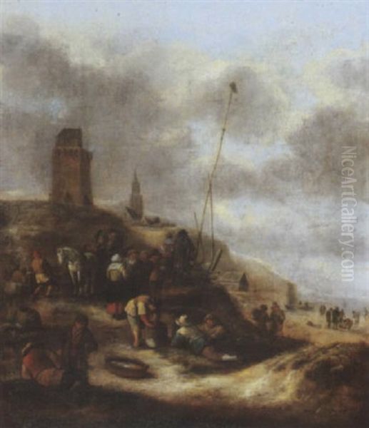 Villagers On The Beach Near Scheveningen Oil Painting by Nicolaes Molenaer