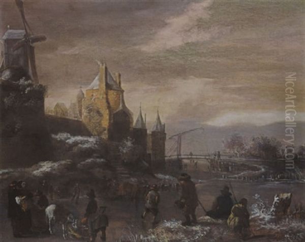 A Winter Landscape With Skaters, Two Horsedran Sledges And Other Figures Before The Walls Of The City Oil Painting by Nicolaes Molenaer