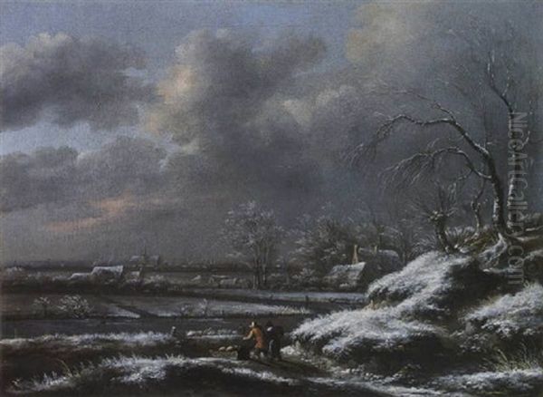 A Winter Landscape With A Man Pushing A Sledge In The Foreground, And A View Of Haarlem With The St. Bavo Beyond Oil Painting by Nicolaes Molenaer