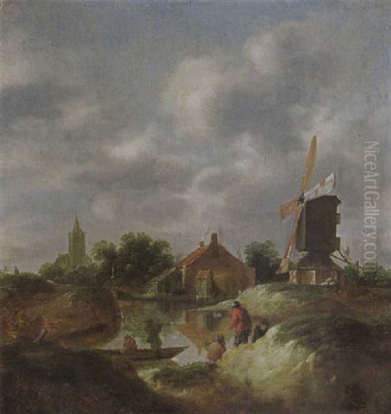 A River Landscape With Figures Fishing Near A Windmill, A Church Beyond Oil Painting by Nicolaes Molenaer