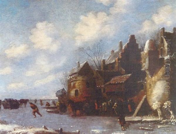 Paysage D'hiver: Les Patineurs Oil Painting by Nicolaes Molenaer