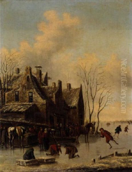 A Frozen River By A Town With Skaters And Townsfolk by Nicolaes Molenaer