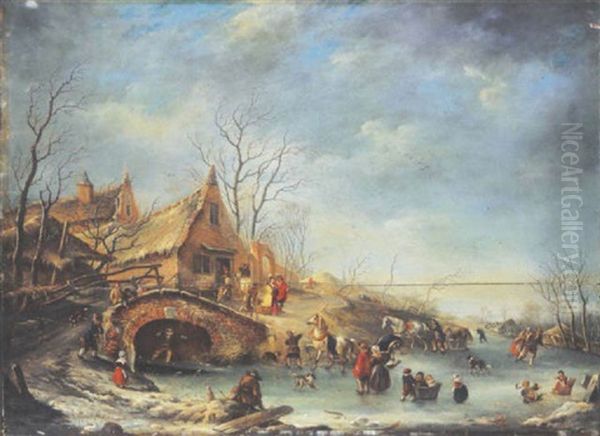 Patineurs Sur Une Riviere Gelee, Un Village A L'arriere-plan Oil Painting by Nicolaes Molenaer