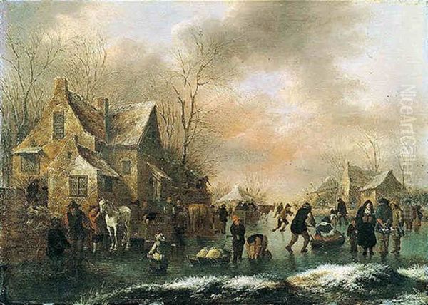 Winter Landscape With Numerous Figures Upon A Frozen Canal In A Village Oil Painting by Nicolaes Molenaer