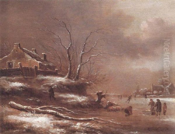 Winter Scene With Figures Beside A Frozen River Oil Painting by Nicolaes Molenaer