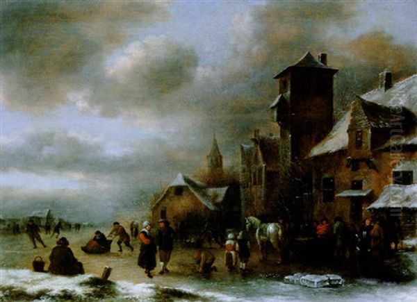 Eisvergnugen Vor Einem Hollandischen Stadtchen Oil Painting by Nicolaes Molenaer