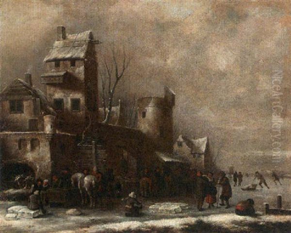 A Winter Landscape With Figures Skating And Horse-drawn Sleighs Near City Walls Oil Painting by Nicolaes Molenaer