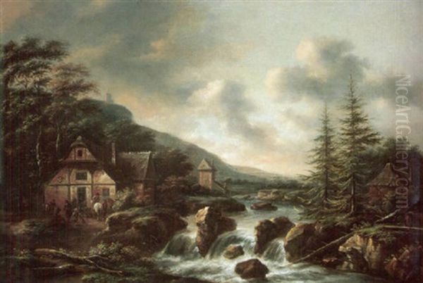 Scandinavian Landscape With Figures Outside A Tavern By A Waterfall Oil Painting by Nicolaes Molenaer