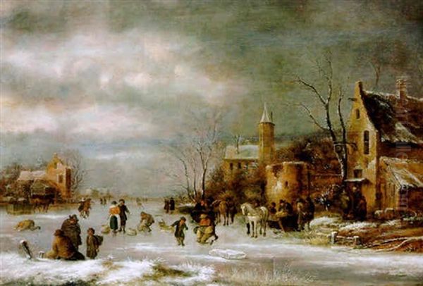 Eisvergnugen Vor Einem Hollandischen Dorf Oil Painting by Nicolaes Molenaer