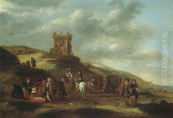 Beach Scene With Fishermen Selling Fish Oil Painting by Nicolaes Molenaer