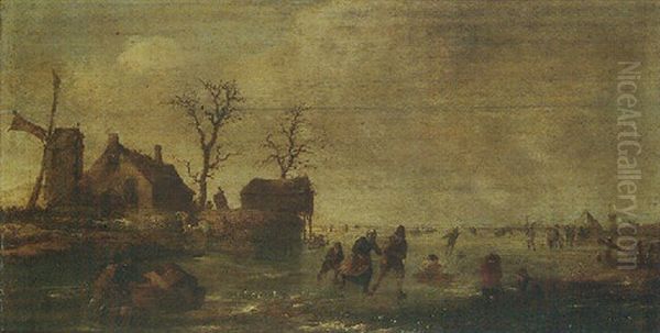 A Winter Landscape With Skaters And Other Figures On A Frozen River Beside A Windmill And Cottages Oil Painting by Nicolaes Molenaer