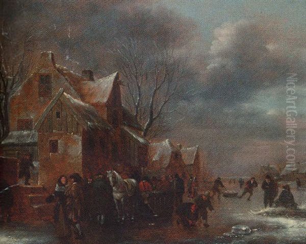 Travellers And Villagers On A Frozen River By A Cottage Oil Painting by Nicolaes Molenaer