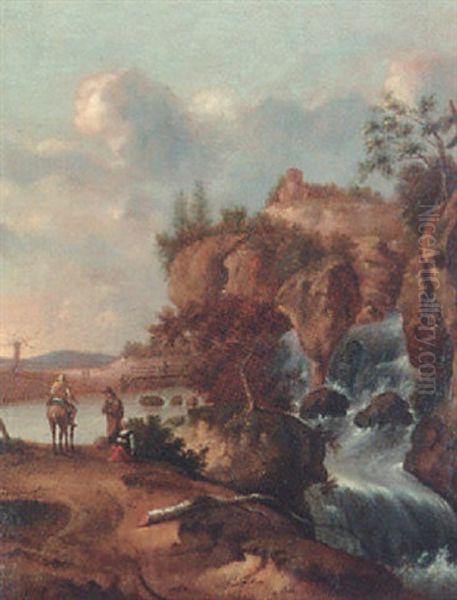 A Rocky Landscape With Peasants Conversing With A Travelers Before A Waterfall Oil Painting by Nicolaes Molenaer