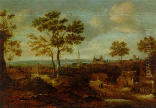 A Wooded Landscape With A View Of A Town Oil Painting by Nicolaes Molenaer