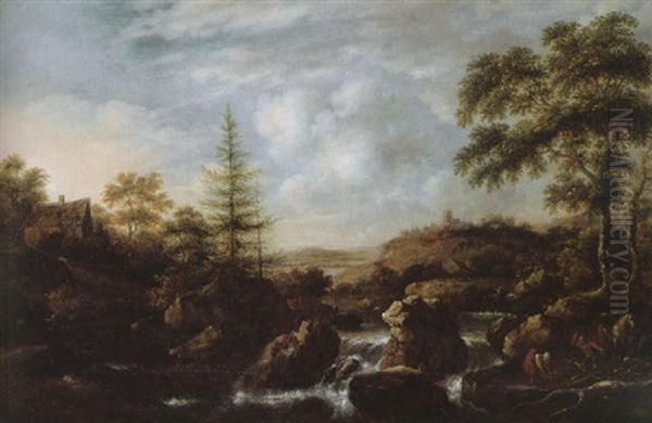 A Wooded Landscape With Peasants Collecting Firewood Beside A Waterfall Oil Painting by Nicolaes Molenaer