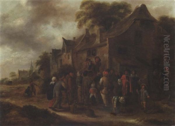 Peasant Players In A Village Street Oil Painting by Nicolaes Molenaer