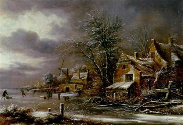 A Winter Landscape With Skaters On A Frozen River By A Village Oil Painting by Nicolaes Molenaer