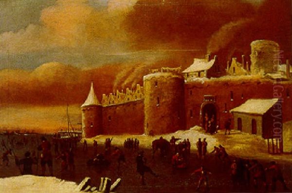 Patineurs Devant La Ville Fortifiee Oil Painting by Nicolaes Molenaer