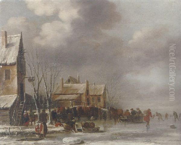 A Winter Landscape With Townsfolk On A Frozen Waterway Oil Painting by Nicolaes Molenaer