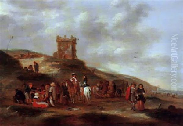 Strandlandschaft Mit Zwei Reitern Und Vornehmem Paar Oil Painting by Nicolaes Molenaer