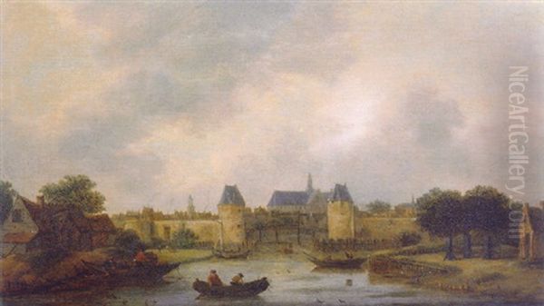 A View Of Haarlem From The North East With The Sint Catrijnenbrug Over The Spaarne With Churches Beyond Oil Painting by Nicolaes Molenaer