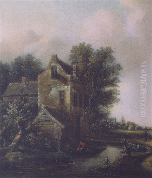 A Fisherman In A Rowing Boat On A Moat By A Fortified Mansion, Peasants On A Sandy Track Nearby Oil Painting by Nicolaes Molenaer