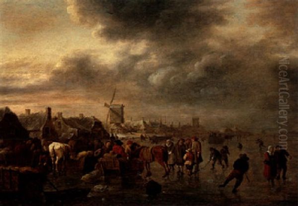 A Winter Landscape With Horses Feeding And Figures Skating On A Frozen River, A Town And Windmills Beyond Oil Painting by Nicolaes Molenaer