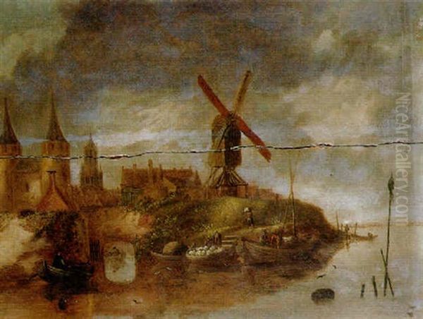 A Fortified Town On A River With Fishermen In Rowing Boats Unloading The Catch Near A Landing Stage Oil Painting by Nicolaes Molenaer