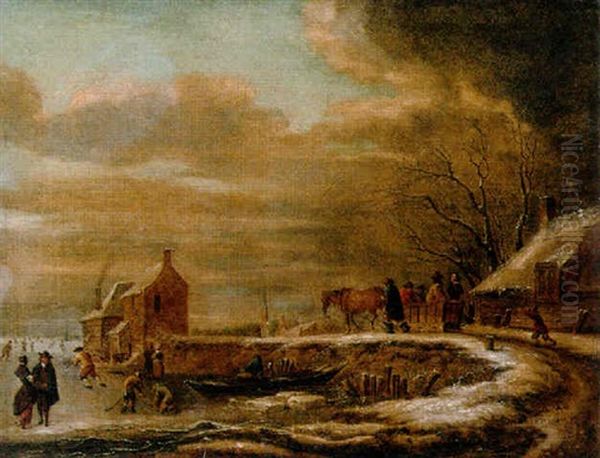 A Winterlandscape With A Horse-drawn Sledge On A Road By A Farmhouse, Kolfers And Skaters On A Frozen Waterway Nearby Oil Painting by Nicolaes Molenaer