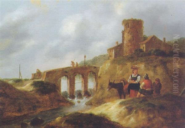 Peasants In A River Landscape Oil Painting by Nicolaes Molenaer