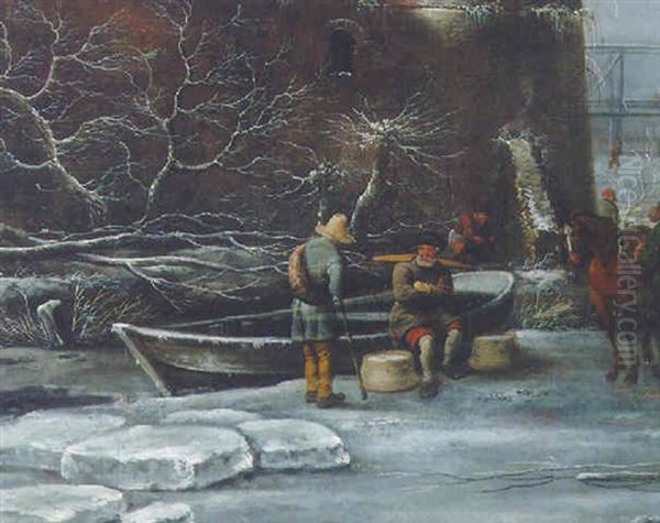 A Winter Landscape With Skaters On A Frozen Moat Oil Painting by Nicolaes Molenaer