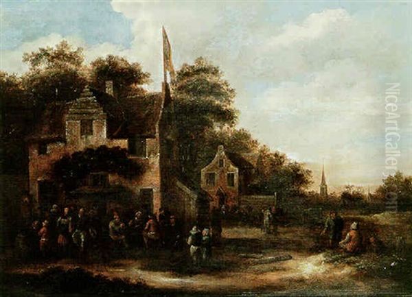 A Village Scene With Peasants Outside An Inn Oil Painting by Nicolaes Molenaer