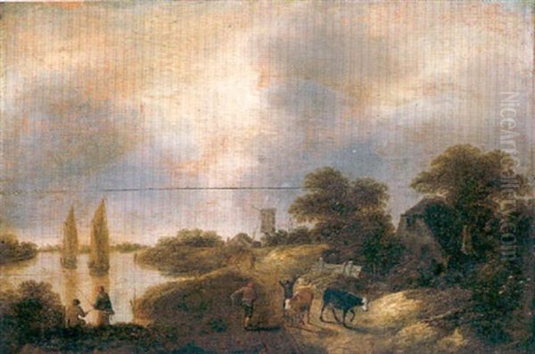 A River Landscape With Peasants And Cattle On A Track, Fishermen Nearby Oil Painting by Nicolaes Molenaer