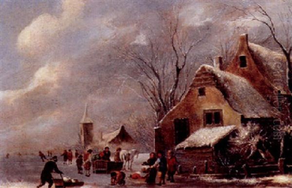 Skaters With Sledges On A Frozen River Near A Cottage, A Church Nearby Oil Painting by Nicolaes Molenaer