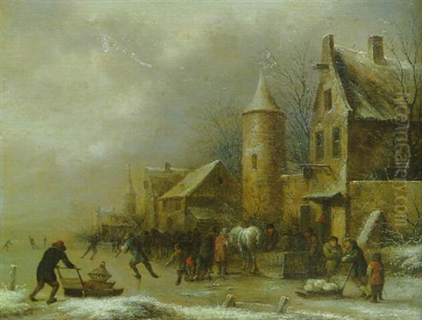 Peasants Skating On A Frozen River By An Inn By A Watchtower Oil Painting by Nicolaes Molenaer