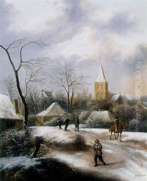 Paysage D'hiver Avec Promeneurs Oil Painting by Nicolaes Molenaer