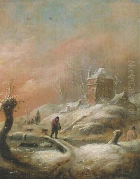 A Winter Landscape With A Man And Dog Crossing A Bridge And A Rider On A Track Near Houses Oil Painting by Nicolaes Molenaer