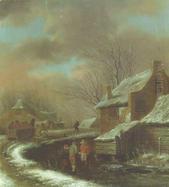 A Winter Landscape With Peasants In A Village And Travellers In A Cart Oil Painting by Nicolaes Molenaer