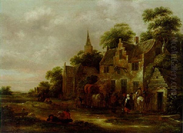 Travellers And Peasants With A Horse And A Wagon By A Village Inn Oil Painting by Nicolaes Molenaer