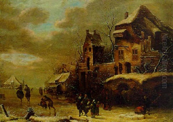 Figures On A Frozen Waterway By A Town Oil Painting by Nicolaes Molenaer