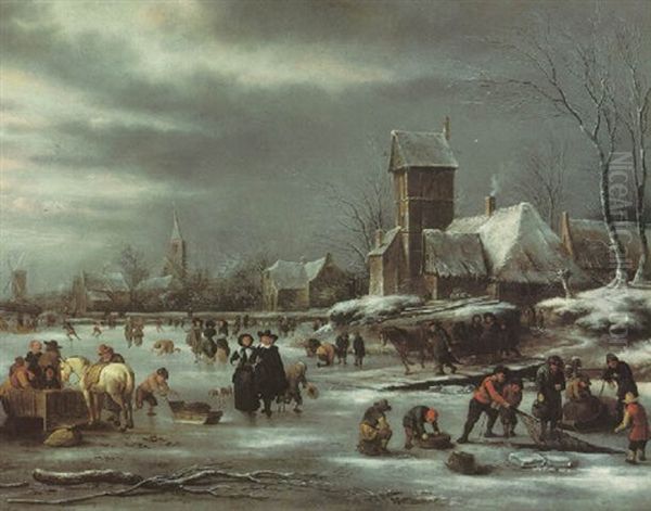 A Winter Landscape With Sledges And Figures Skating On A Frozen Waterway By A Dutch Village Oil Painting by Nicolaes Molenaer