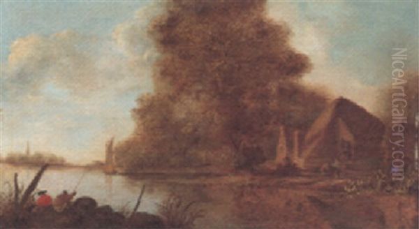 A Wooded River Landscape With Fishermen And Cottage Oil Painting by Nicolaes Molenaer